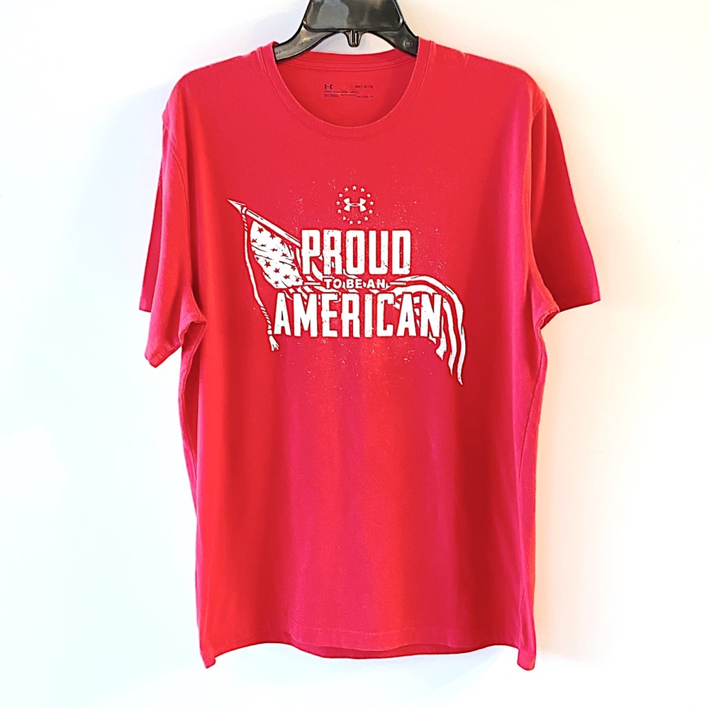 UNDER ARMOUR Medium Proud To Be An American Flag T-Shirt Short Sleeve Cotton Red